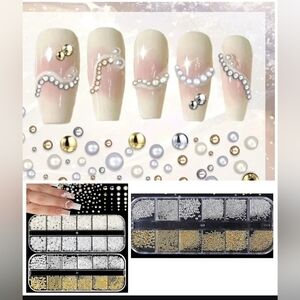 🍎NIP Nail Art Half Round Pearls Gold Silver Metal Beads Studs Manicure Gems
